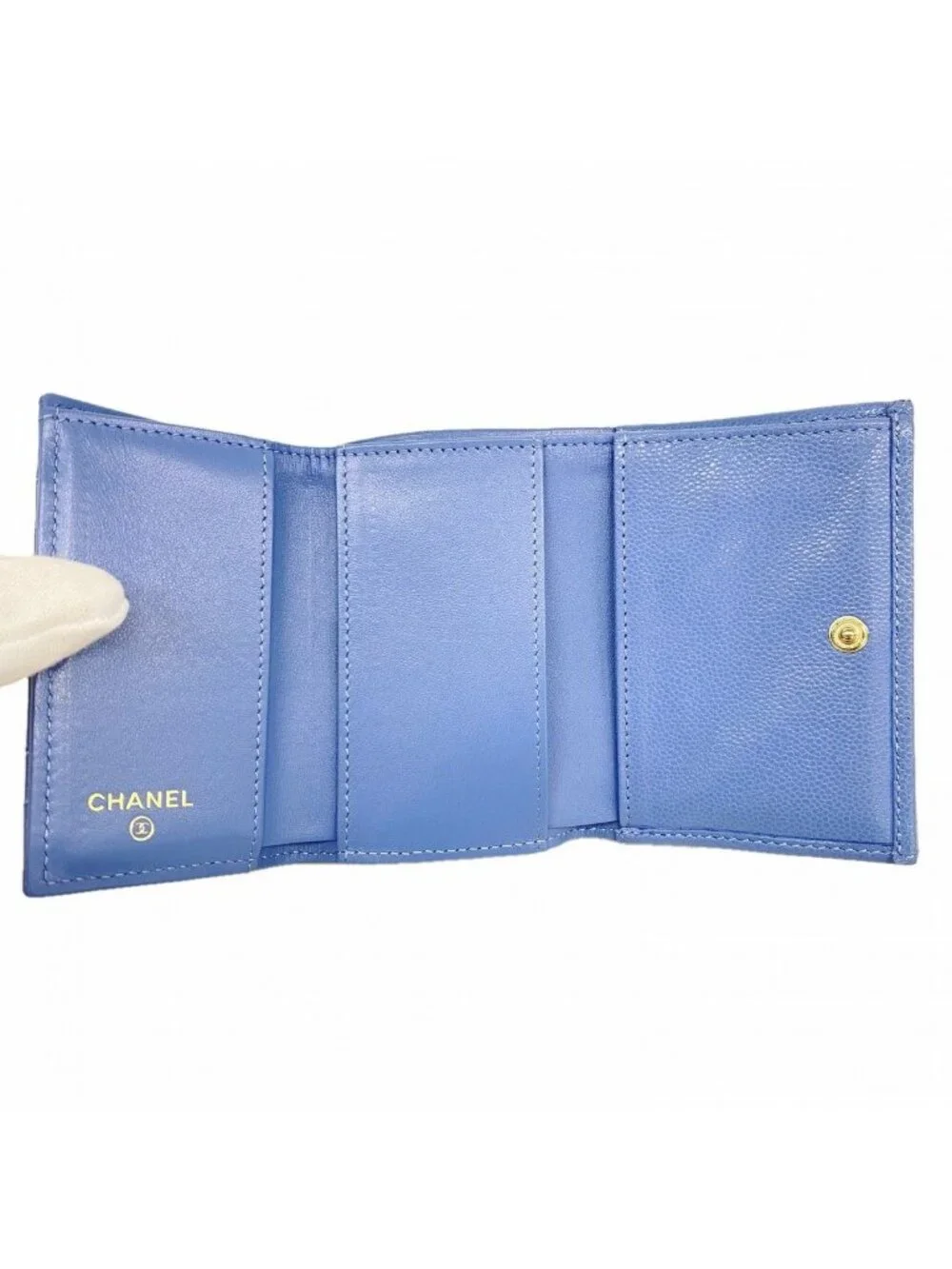 Chanel Trifold Wallet Quilted Caviar Leather Blue Gold - Picture 3 of 8